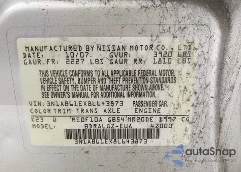 2008 Nissan Sentra 2.0Sl z USA, uszkodzony, nr VIN 3N1AB61EX8L643873